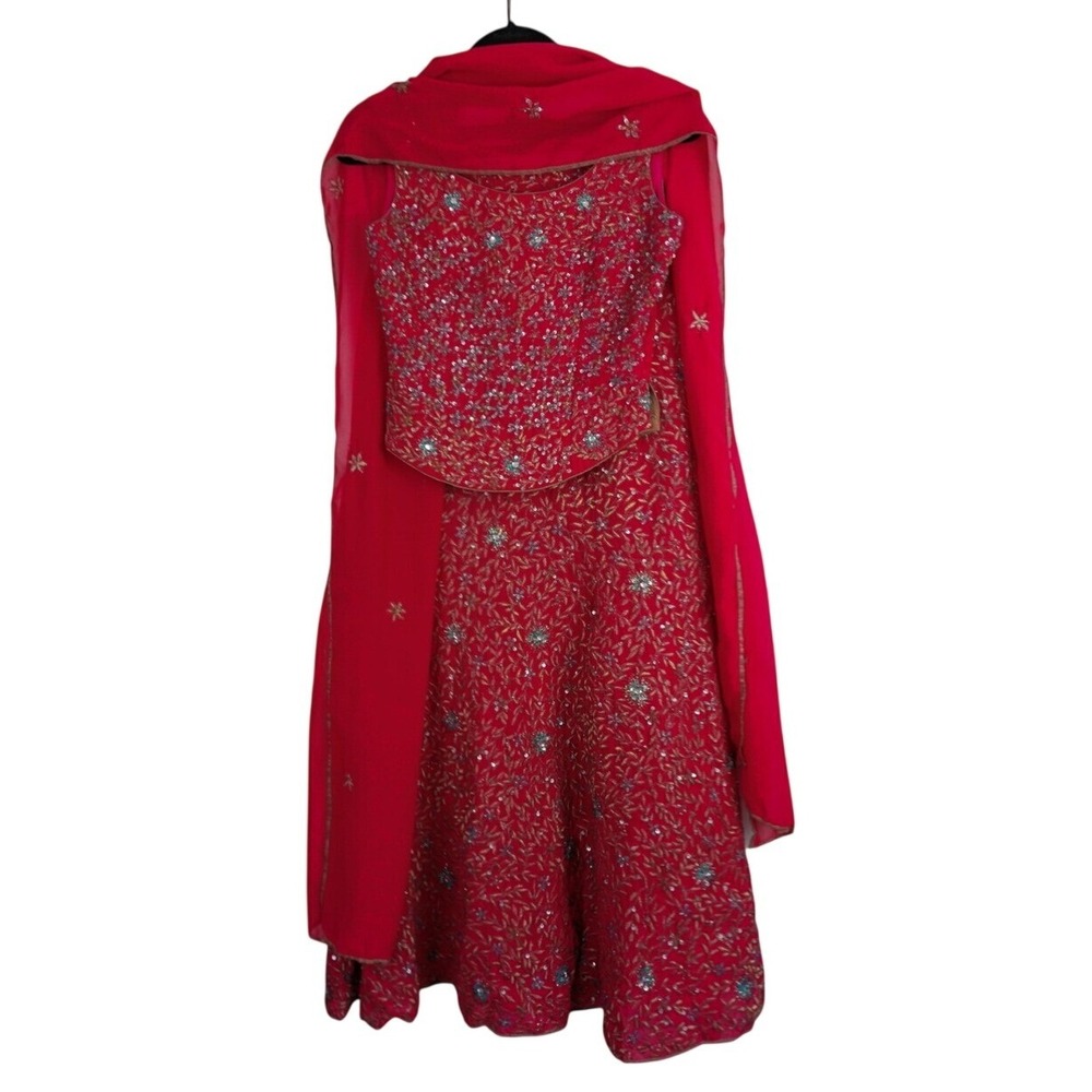 Three Piece Lehenga Choli Coral Embroidered Skirt Scarf Top XS 0 2